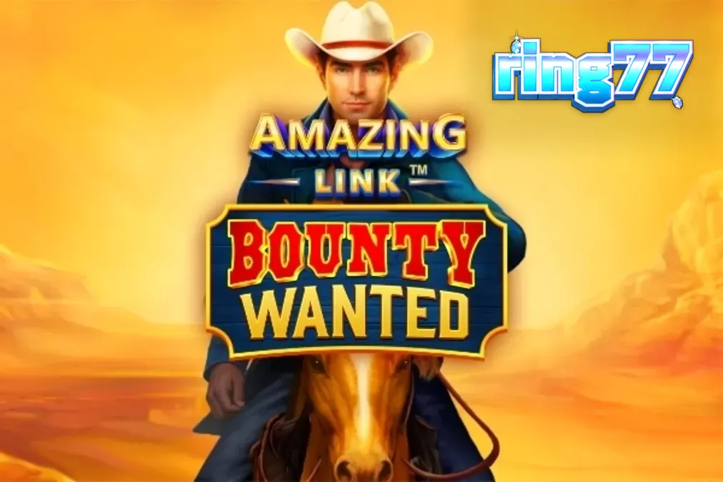 Tampilan visual slot Amazing Link Bounty Wanted dengan latar belakang gurun dan simbol koboi.